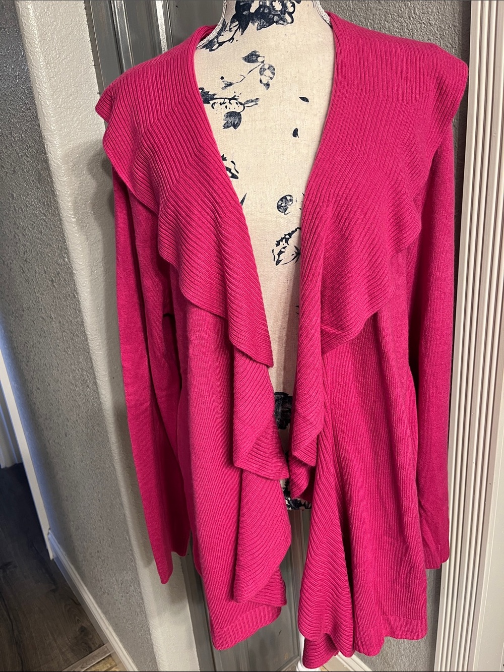 Karen Scott Bright Pink Ruffle Open Cardigan
